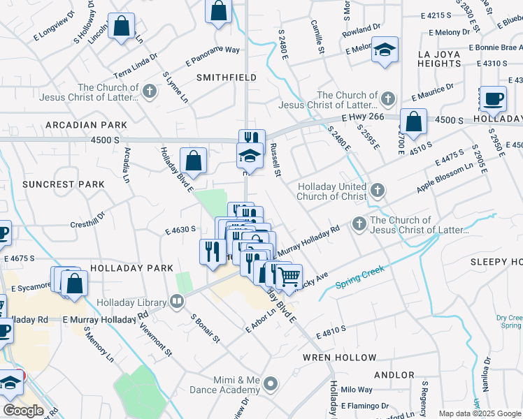 map of restaurants, bars, coffee shops, grocery stores, and more near 2321 Makenna Court in Holladay