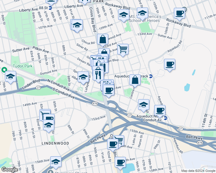map of restaurants, bars, coffee shops, grocery stores, and more near 137-44 94th Street in Queens