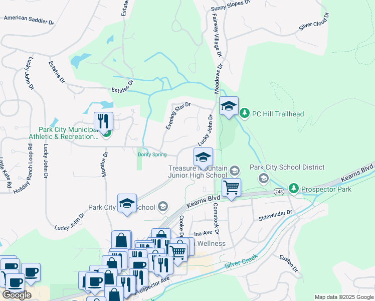 map of restaurants, bars, coffee shops, grocery stores, and more near 2045 Lucky John Drive in Park City