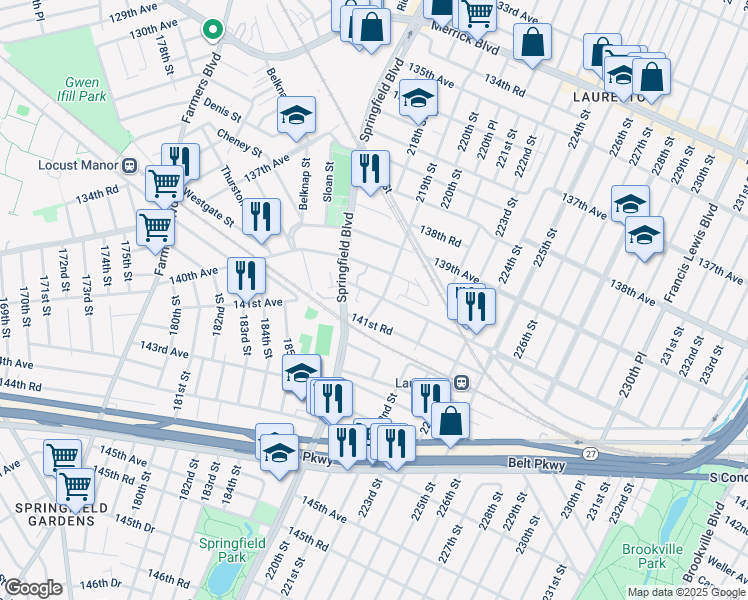 map of restaurants, bars, coffee shops, grocery stores, and more near 141-06 219th Street in Queens