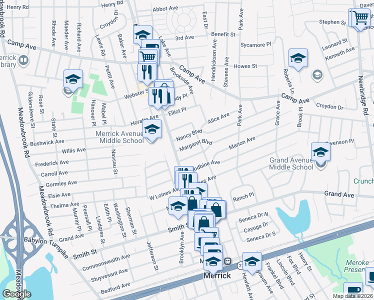 map of restaurants, bars, coffee shops, grocery stores, and more near 16 Margaret Boulevard in Merrick