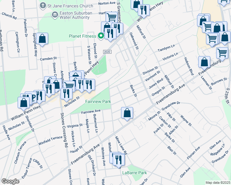 map of restaurants, bars, coffee shops, grocery stores, and more near 3403 Vermont Street in Easton