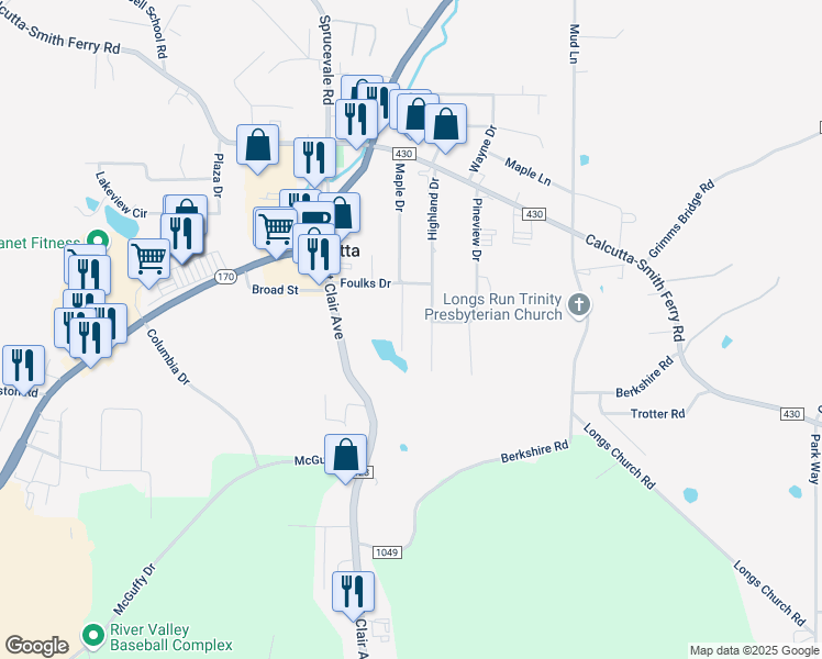map of restaurants, bars, coffee shops, grocery stores, and more near 15926 Maple Drive in East Liverpool