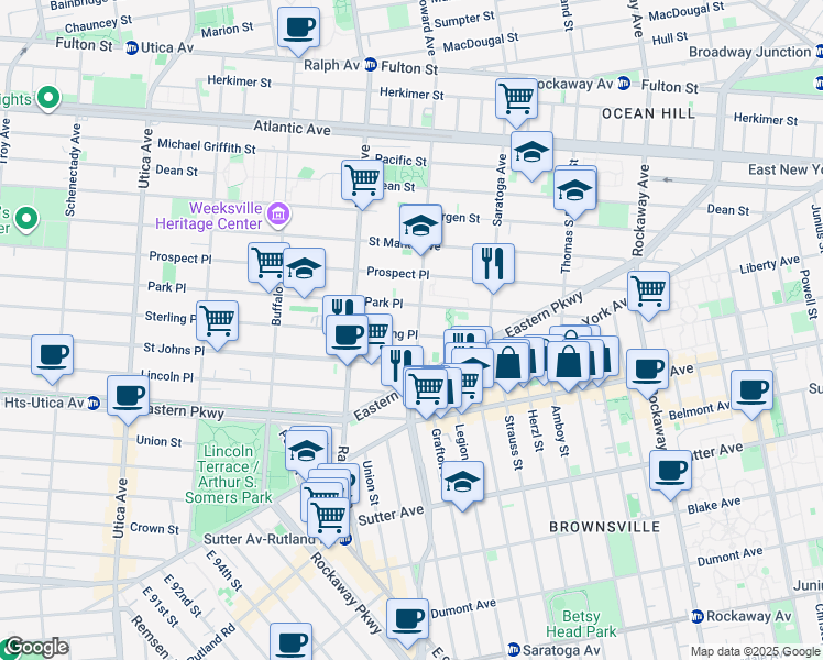 map of restaurants, bars, coffee shops, grocery stores, and more near 496 Howard Avenue in Brooklyn