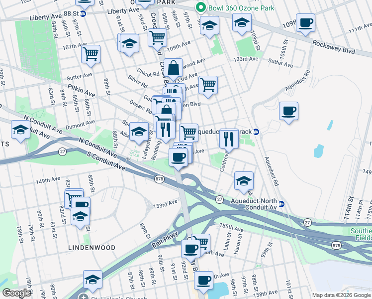 map of restaurants, bars, coffee shops, grocery stores, and more near 137-44 94th Street in Queens