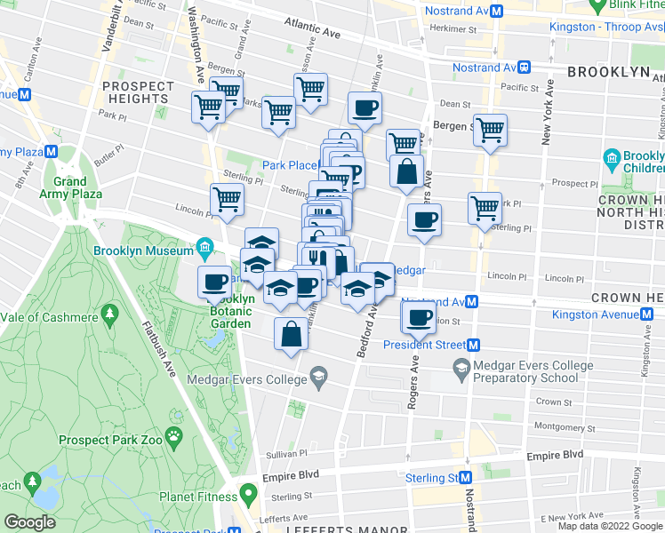 map of restaurants, bars, coffee shops, grocery stores, and more near 815 Franklin Avenue in Brooklyn