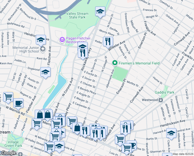 map of restaurants, bars, coffee shops, grocery stores, and more near 72 East Euclid Street in Valley Stream