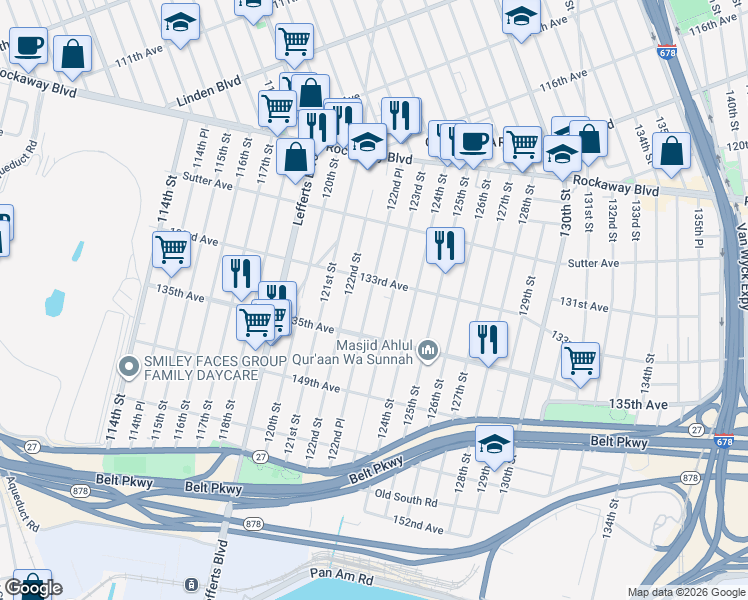 map of restaurants, bars, coffee shops, grocery stores, and more near 133-19 122nd Place in Queens