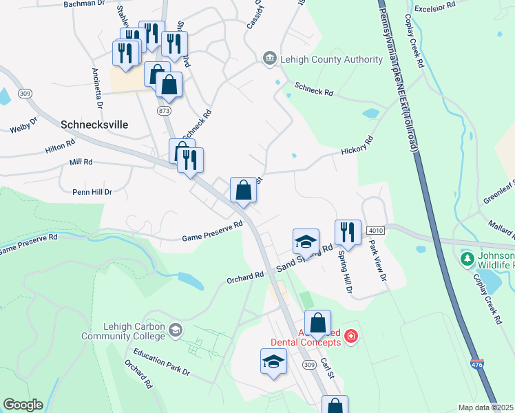 map of restaurants, bars, coffee shops, grocery stores, and more near 4655 Martin Lane in Schnecksville