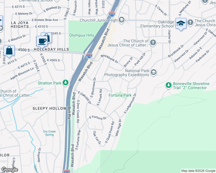 map of restaurants, bars, coffee shops, grocery stores, and more near 4596 South Idlewild Road in Salt Lake City