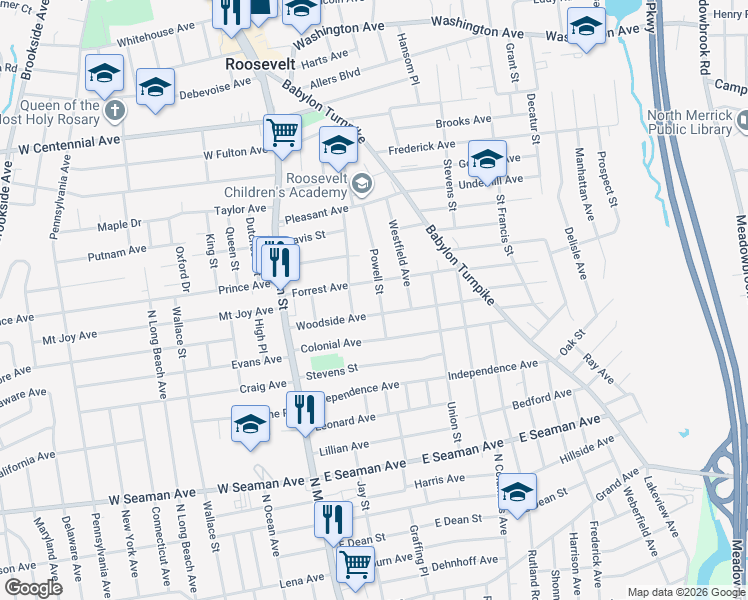 map of restaurants, bars, coffee shops, grocery stores, and more near 37 Powell Street in Roosevelt