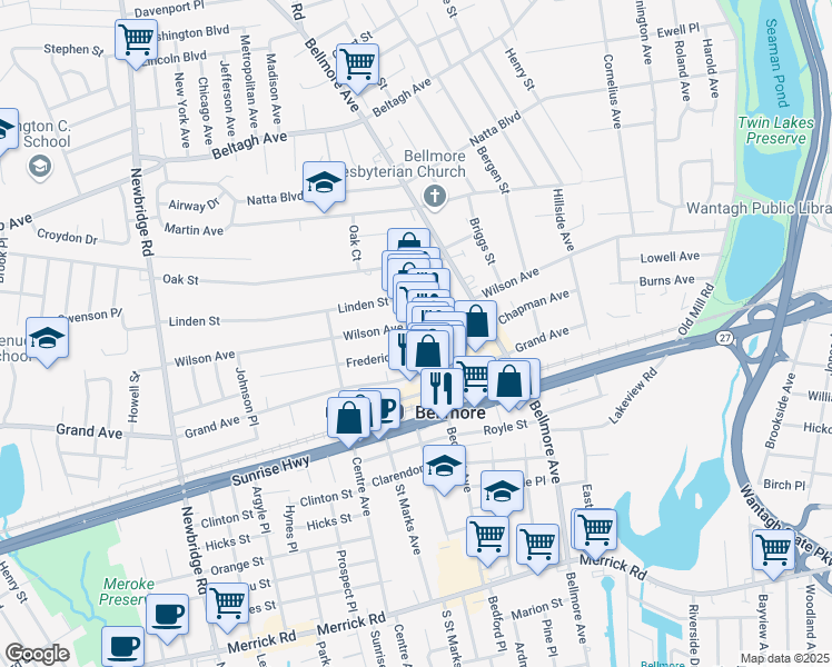 map of restaurants, bars, coffee shops, grocery stores, and more near 314-316 Bedford Avenue in Bellmore