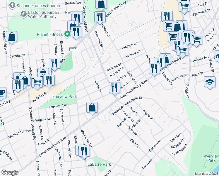 map of restaurants, bars, coffee shops, grocery stores, and more near 901 South Greenwood Avenue in Easton