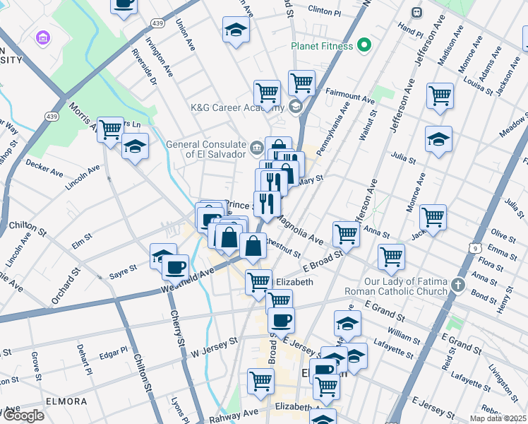 map of restaurants, bars, coffee shops, grocery stores, and more near 332 North Broad Street in Elizabeth