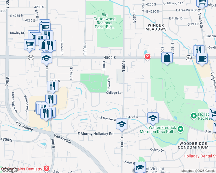 map of restaurants, bars, coffee shops, grocery stores, and more near 4594 South 1225 East in Millcreek