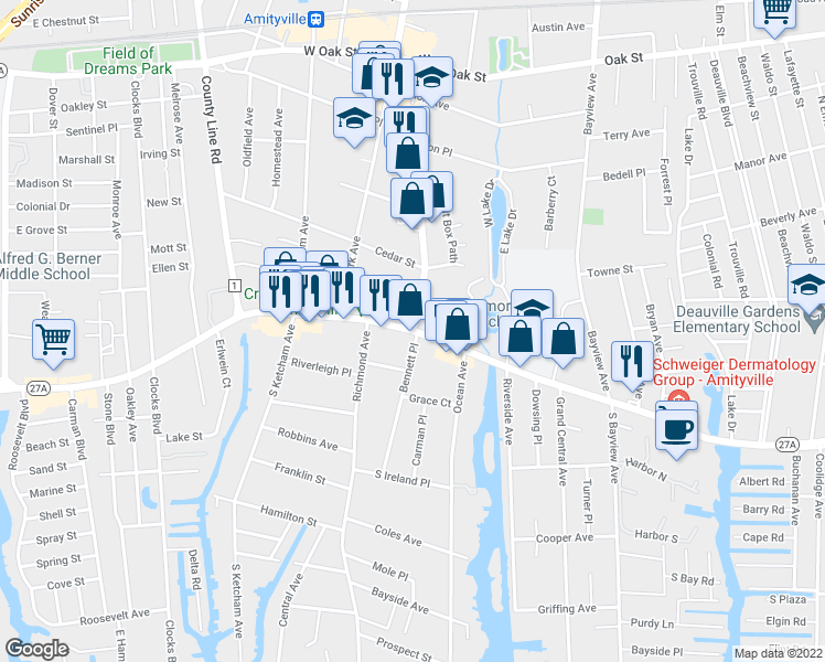 map of restaurants, bars, coffee shops, grocery stores, and more near Broadway & Merrick Road in Amityville