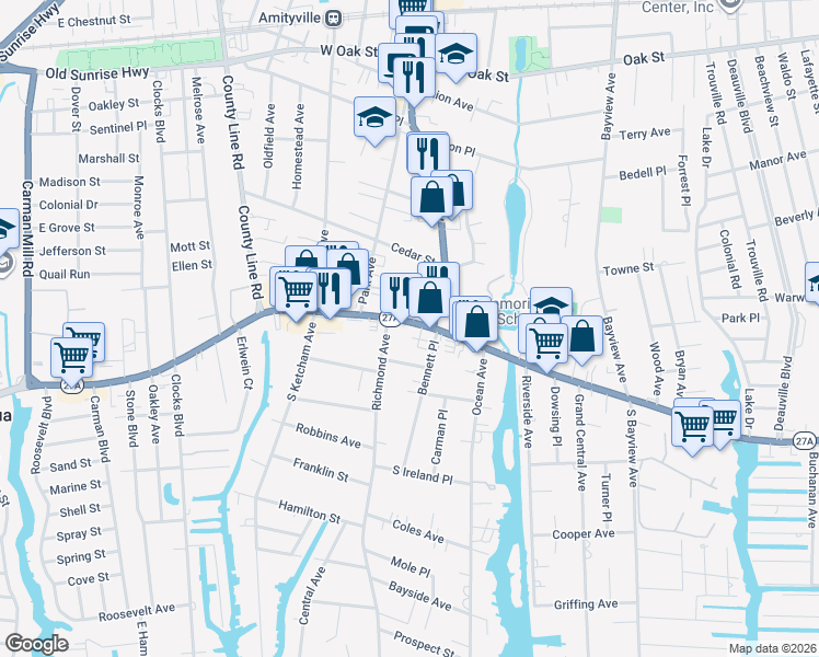 map of restaurants, bars, coffee shops, grocery stores, and more near 127 Merrick Road in Amityville