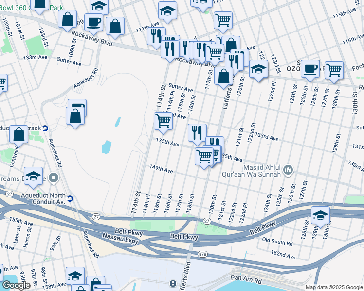 map of restaurants, bars, coffee shops, grocery stores, and more near 116th St & 135th Ave in Queens