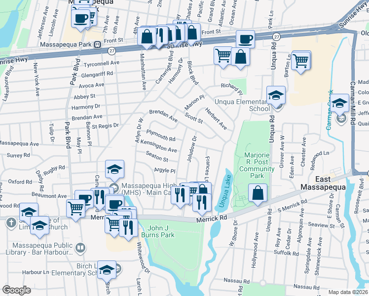 map of restaurants, bars, coffee shops, grocery stores, and more near 74 Arlyn Drive West in Massapequa