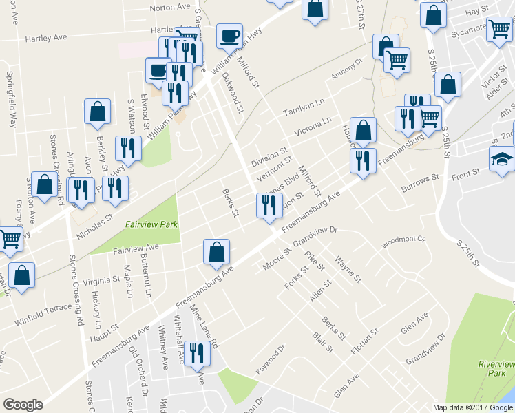 map of restaurants, bars, coffee shops, grocery stores, and more near 901 South Greenwood Avenue in Easton