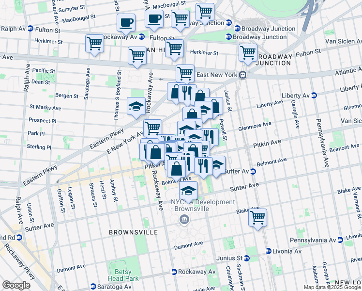 map of restaurants, bars, coffee shops, grocery stores, and more near 84 Watkins Street in Brooklyn