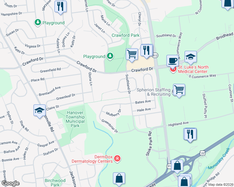 map of restaurants, bars, coffee shops, grocery stores, and more near 5513 Jaclyn Lane in Bethlehem