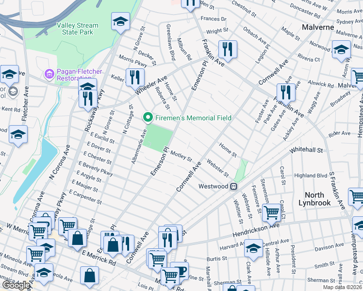 map of restaurants, bars, coffee shops, grocery stores, and more near 22 Webster Street in Valley Stream