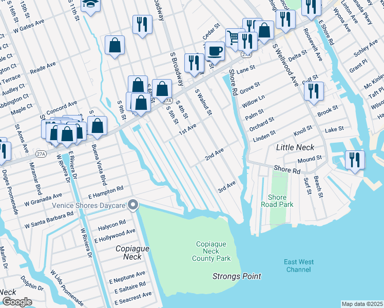 map of restaurants, bars, coffee shops, grocery stores, and more near 779 South 5th Street in Lindenhurst