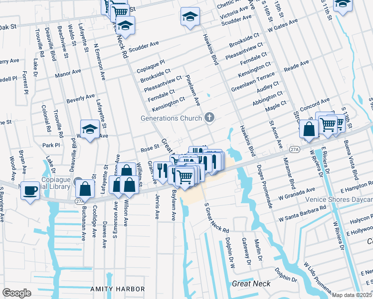 map of restaurants, bars, coffee shops, grocery stores, and more near 31 Parkside Court in Copiague