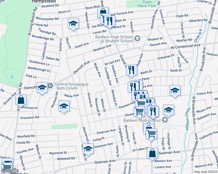 map of restaurants, bars, coffee shops, grocery stores, and more near 1568 Coolidge Avenue in Baldwin