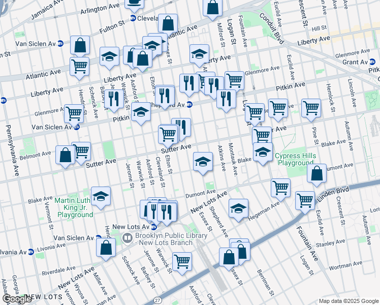 map of restaurants, bars, coffee shops, grocery stores, and more near 517 Essex Street in Brooklyn