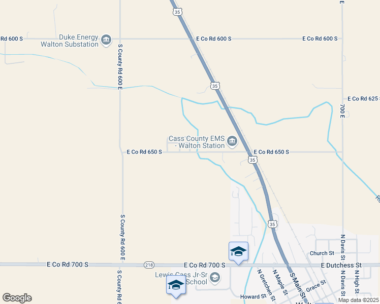 map of restaurants, bars, coffee shops, grocery stores, and more near 6314 East Co Road 650 South in Walton