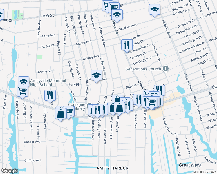 map of restaurants, bars, coffee shops, grocery stores, and more near 102 Lafayette Street in Copiague