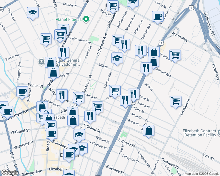 map of restaurants, bars, coffee shops, grocery stores, and more near 475 Monroe Avenue in Elizabeth