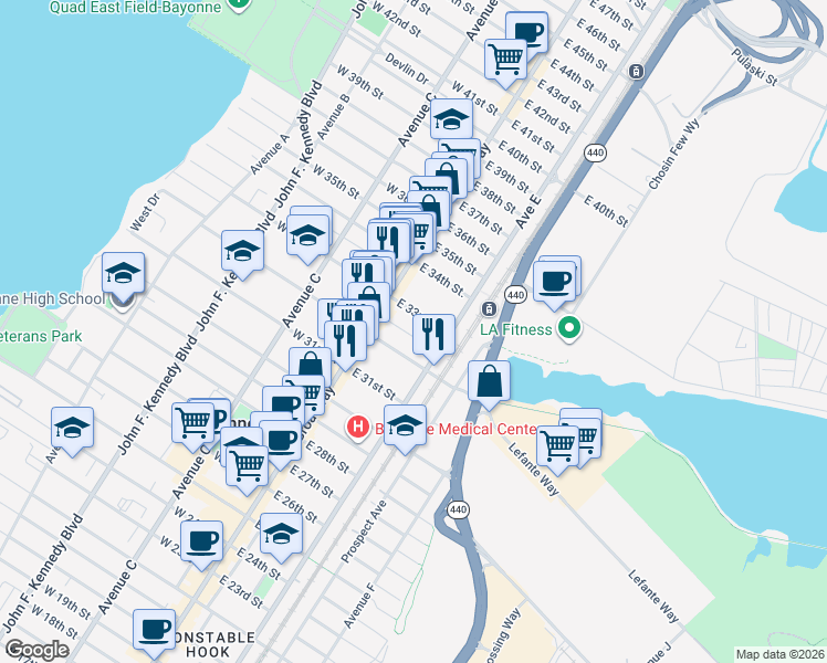 map of restaurants, bars, coffee shops, grocery stores, and more near 31 Willow Street in Bayonne