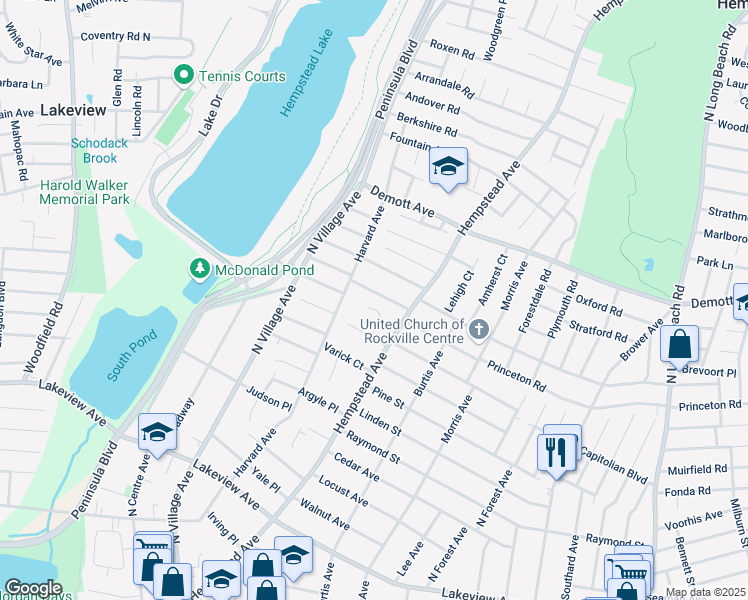 map of restaurants, bars, coffee shops, grocery stores, and more near 20 Westminster Road in Rockville Centre
