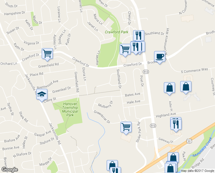 map of restaurants, bars, coffee shops, grocery stores, and more near 5601 Grace Avenue in Bethlehem