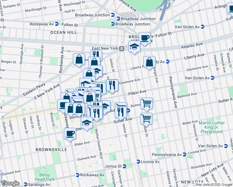 map of restaurants, bars, coffee shops, grocery stores, and more near 1883 Pitkin Avenue in Brooklyn