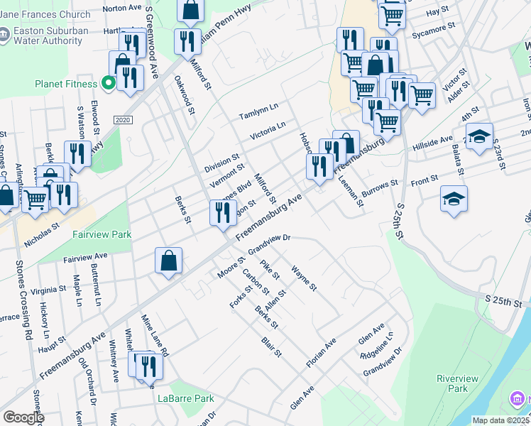 map of restaurants, bars, coffee shops, grocery stores, and more near 3011 Freemansburg Avenue in Easton