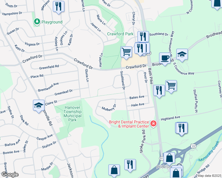 map of restaurants, bars, coffee shops, grocery stores, and more near 5601 Grace Avenue in Bethlehem