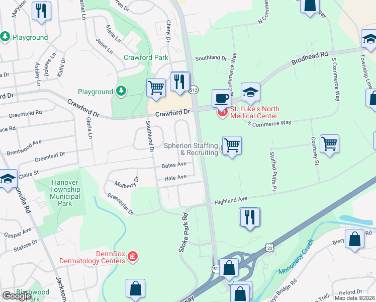 map of restaurants, bars, coffee shops, grocery stores, and more near 3861 Post Drive in Bethlehem