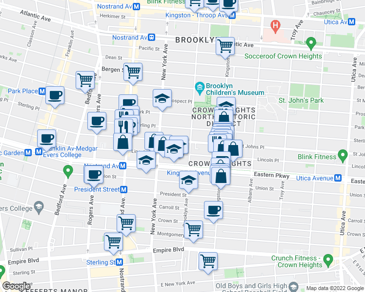 map of restaurants, bars, coffee shops, grocery stores, and more near 992 Saint Johns Place in Brooklyn