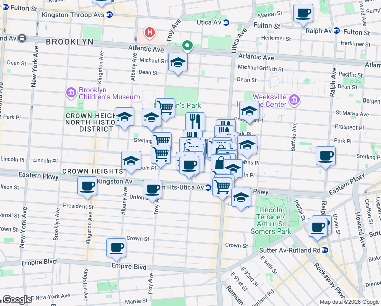map of restaurants, bars, coffee shops, grocery stores, and more near 240 Schenectady Avenue in Brooklyn