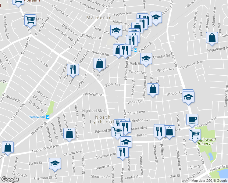 map of restaurants, bars, coffee shops, grocery stores, and more near 4 Birch Road in Malverne