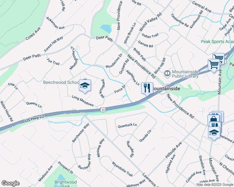 map of restaurants, bars, coffee shops, grocery stores, and more near 1479 Force Drive in Mountainside