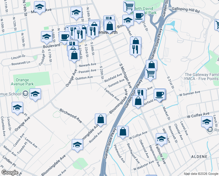 map of restaurants, bars, coffee shops, grocery stores, and more near 637 Summit Avenue in Kenilworth