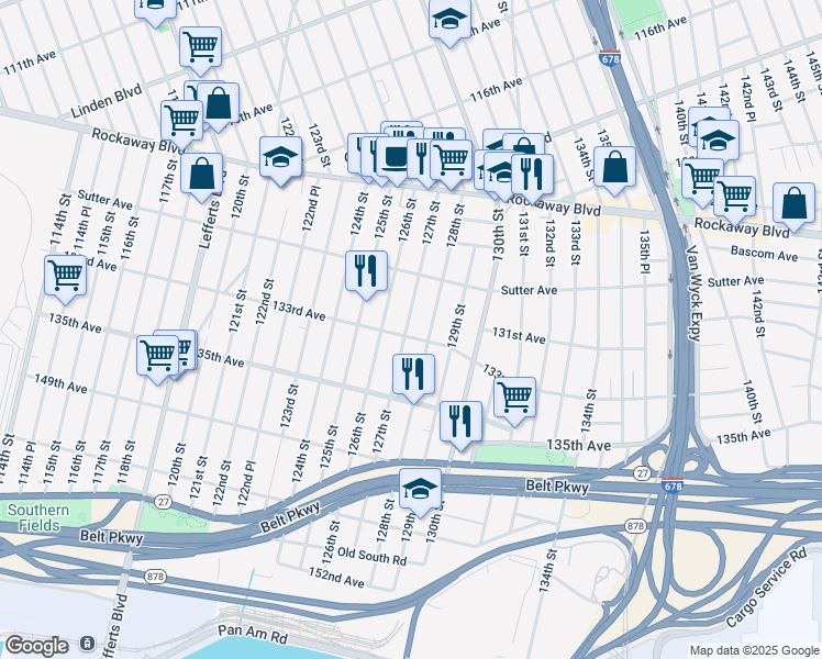 map of restaurants, bars, coffee shops, grocery stores, and more near 130-55 127th Street in Queens