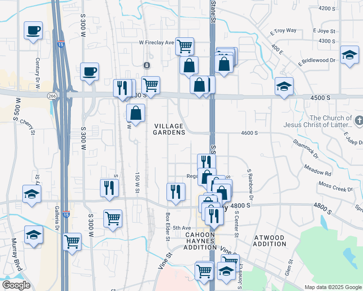 map of restaurants, bars, coffee shops, grocery stores, and more near 4550 Auto Boulevard in Murray