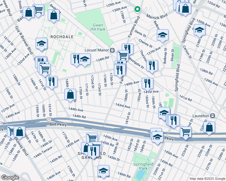 map of restaurants, bars, coffee shops, grocery stores, and more near 174-24 140th Avenue in Queens