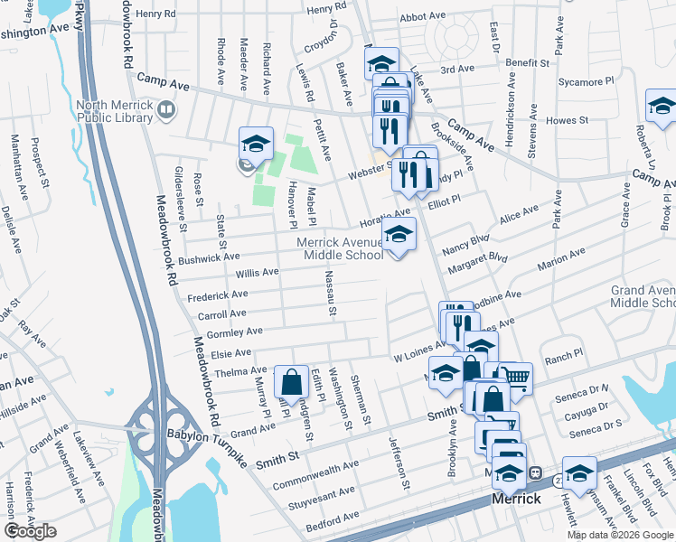 map of restaurants, bars, coffee shops, grocery stores, and more near 1894 Willis Avenue in Merrick